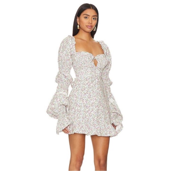For Love and Lemons Lucca Mini Dress White Floral Lace Poplin Long Sleeve Medium - Picture 5 of 16
